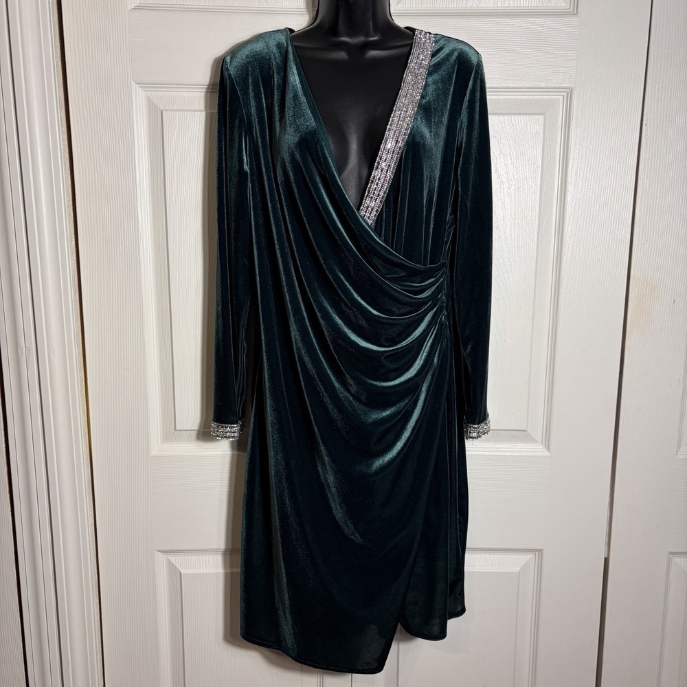 MSK Velvet Faux Wrap Dress Women XL Emerald Green‎ Silver Beaded Trim Cocktail